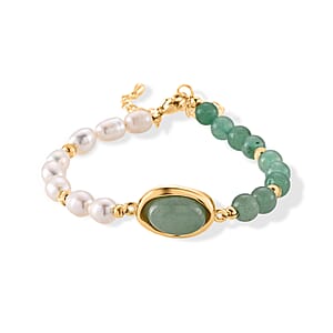 Freshwater Pearl, Green Aventurine 20.00 ctw Bracelet in Goldtone (6.5-7In)