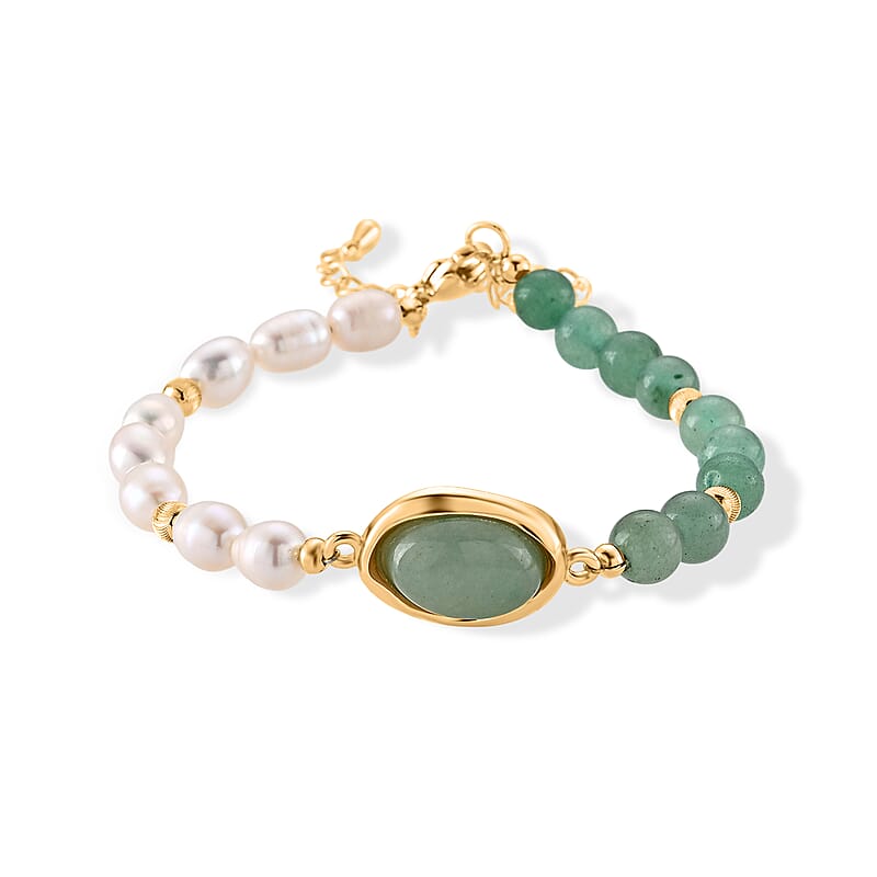 Freshwater Pearl, Green Aventurine 20.00 ctw Bracelet in Goldtone (6.5-7In)