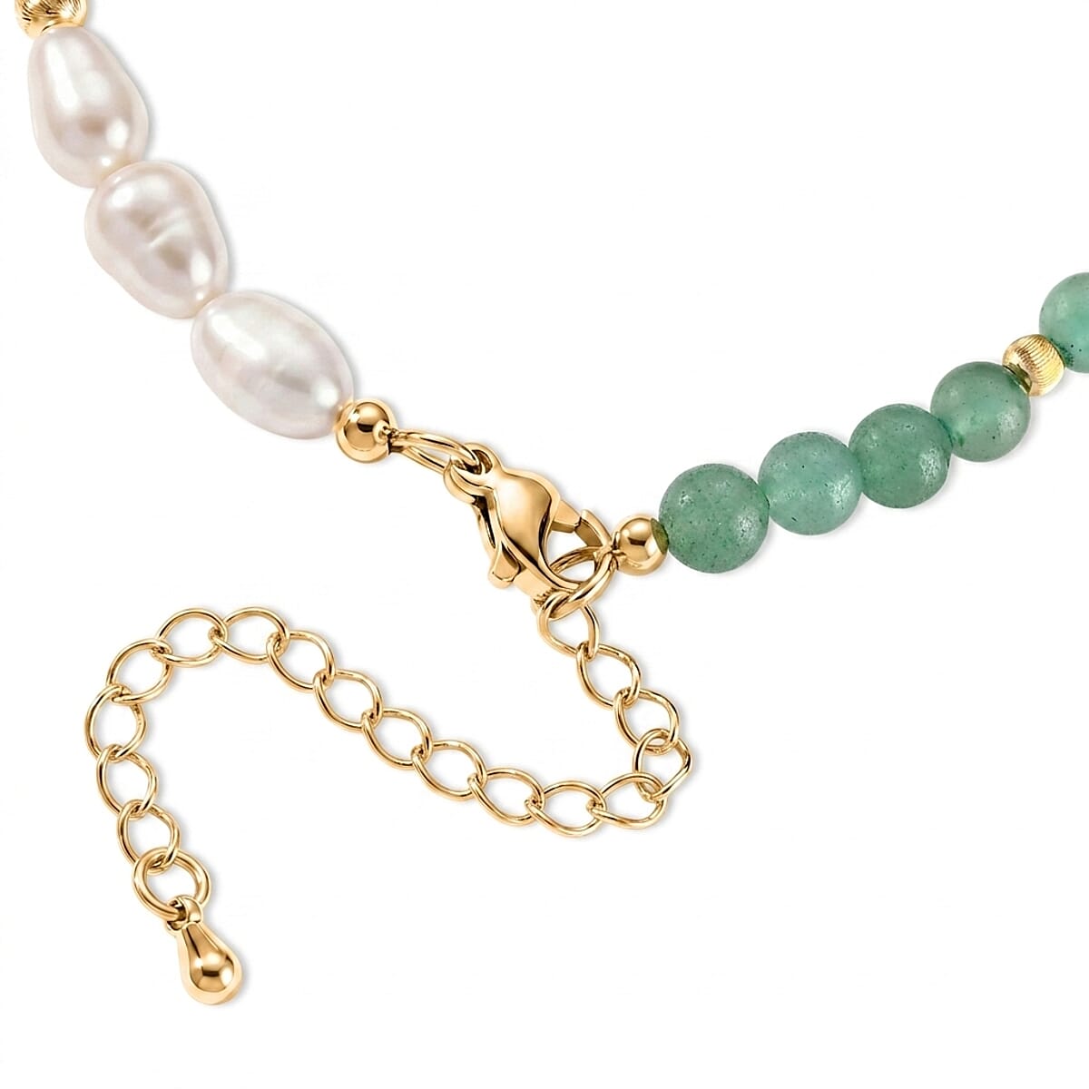 Freshwater Pearl, Green Aventurine 20.00 ctw Bracelet in Goldtone (6.5-7In) image number 3