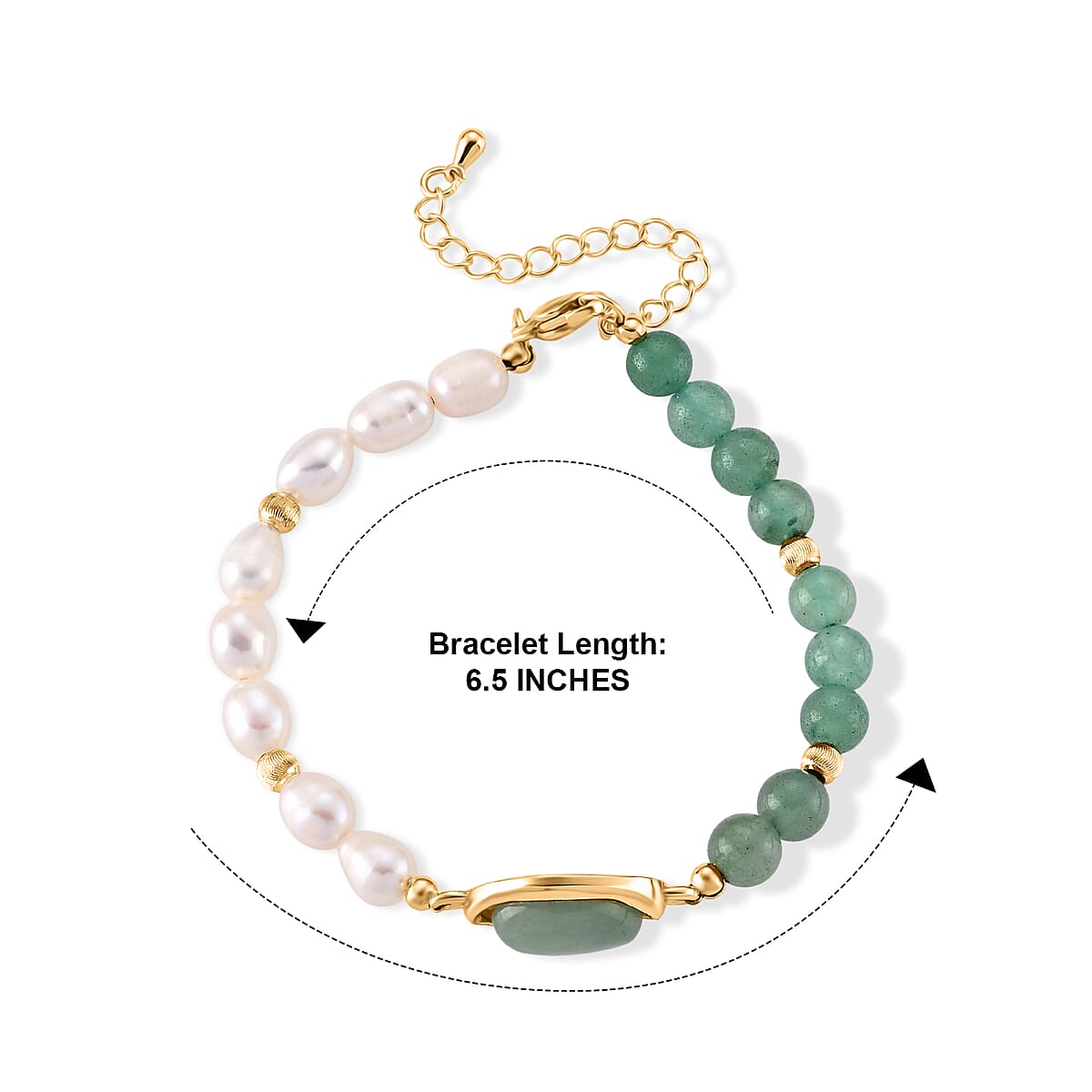 Freshwater Pearl, Green Aventurine 20.00 ctw Bracelet in Goldtone (6.5-7In) image number 4