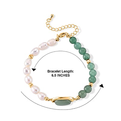 Freshwater Pearl, Green Aventurine 20.00 ctw Bracelet in Goldtone (6.5-7In)