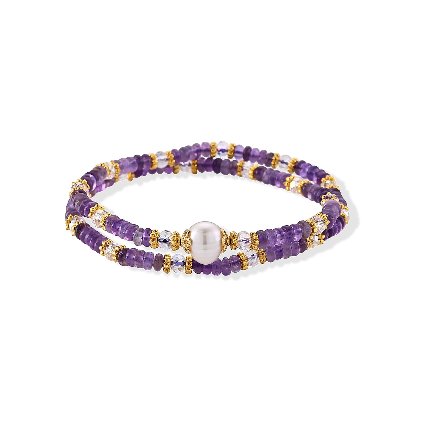 Freshwater Pearl, African Amethyst 35.00 ctw and Glass Bracelet in Goldtone (6.5-7In)