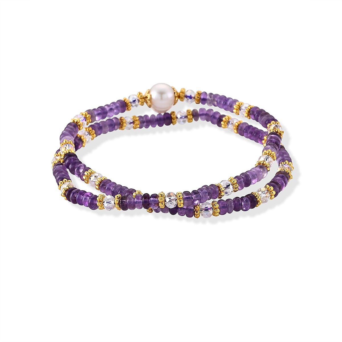Freshwater Pearl, African Amethyst and Glass Bracelet in Goldtone (6.5-7In) 35.00 ctw image number 3