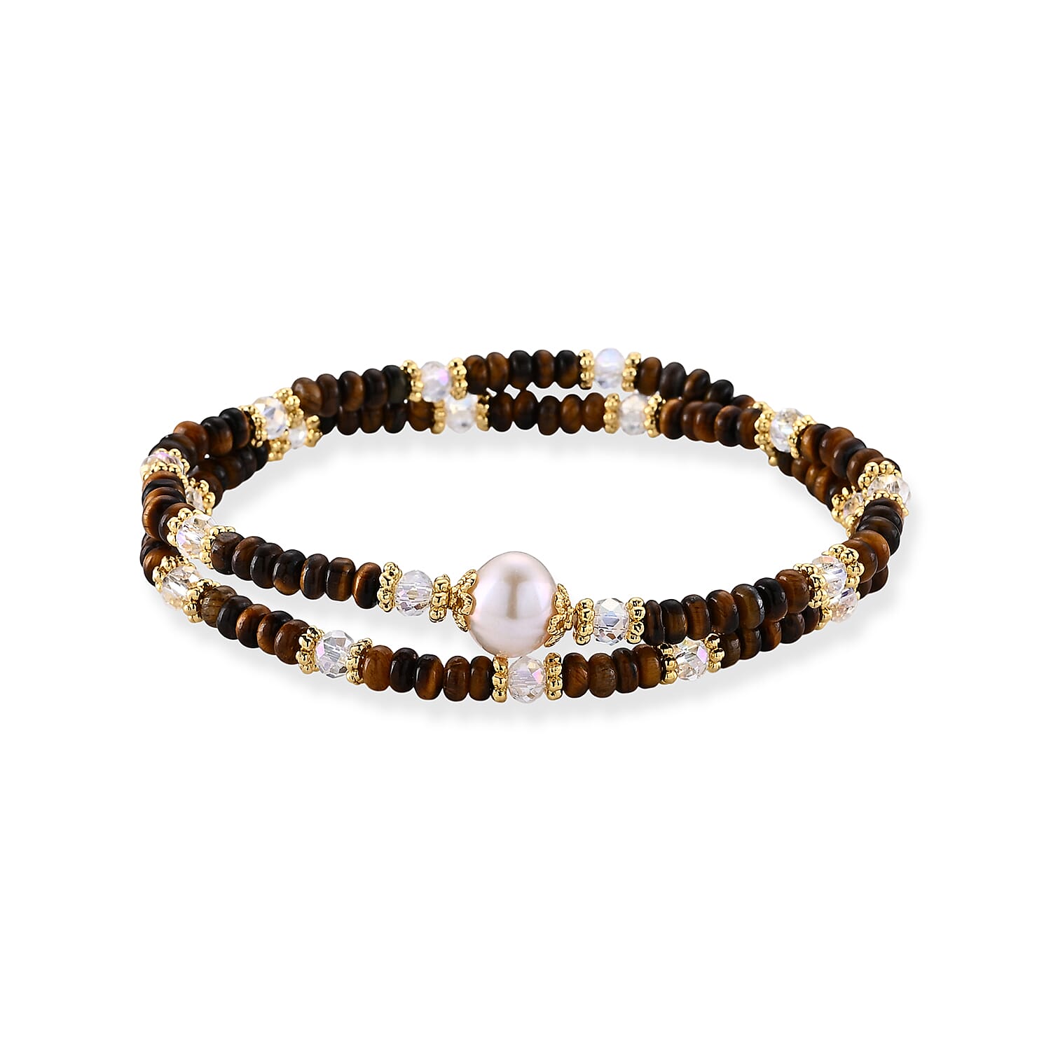 Freshwater Pearl, Yellow Tigers Eye 35.00 ctw and Glass Bracelet in Goldtone (6.5-7In)