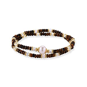 Freshwater Pearl, Yellow Tigers Eye 35.00 ctw and Glass Bracelet in Goldtone (6.5-7In)