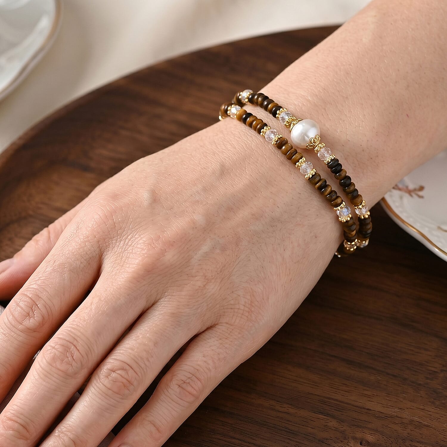 Freshwater Pearl, Yellow Tigers Eye 35.00 ctw and Glass Bracelet in Goldtone (6.5-7In)