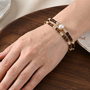Freshwater Pearl, Yellow Tigers Eye 35.00 ctw and Glass Bracelet in Goldtone (6.5-7In)