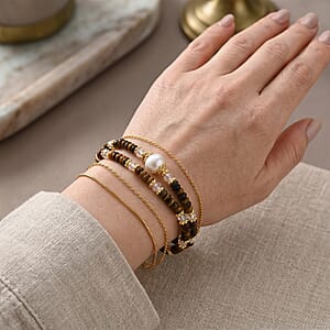 Freshwater Pearl, Yellow Tigers Eye 35.00 ctw and Glass Bracelet in Goldtone (6.5-7In)