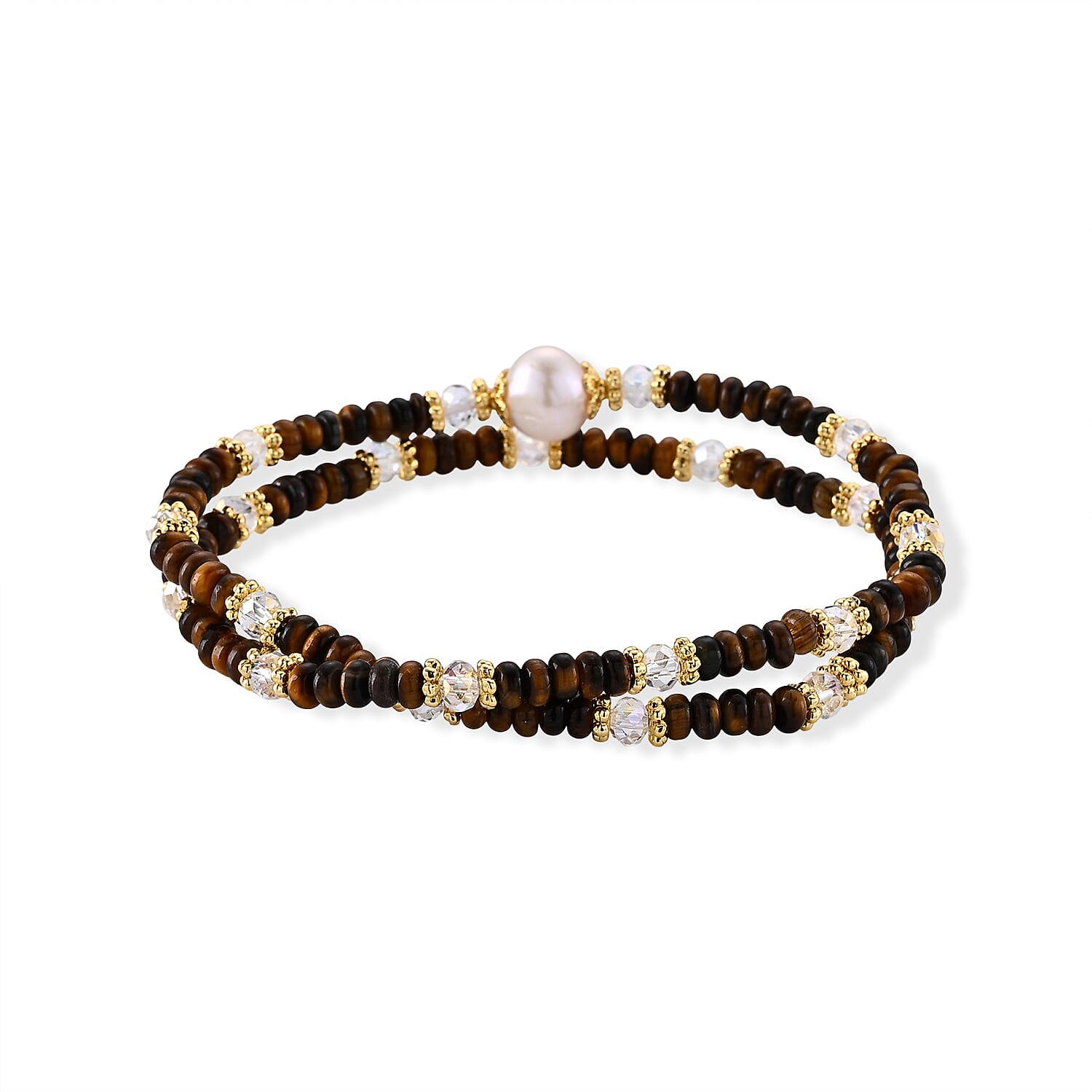 Freshwater Pearl, Yellow Tigers Eye 35.00 ctw and Glass Bracelet in Goldtone (6.5-7In)