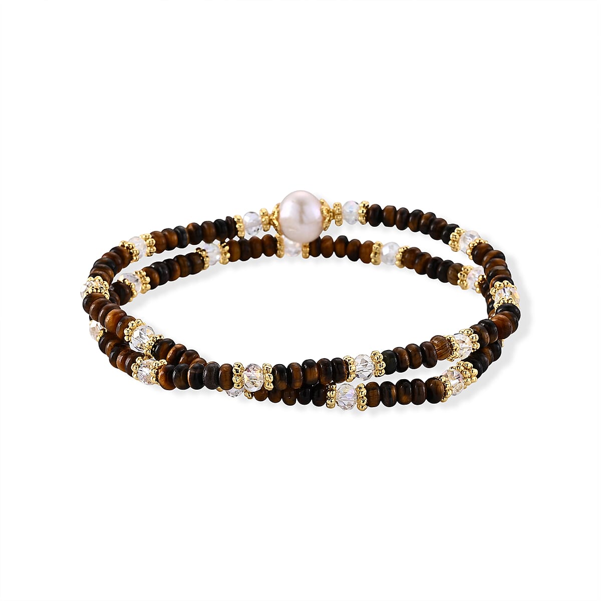 Freshwater Pearl, Yellow Tigers Eye 35.00 ctw and Glass Bracelet in Goldtone (6.5-7In) image number 3