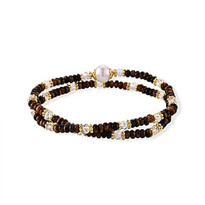 Freshwater Pearl, Yellow Tigers Eye 35.00 ctw and Glass Bracelet in Goldtone (6.5-7In)