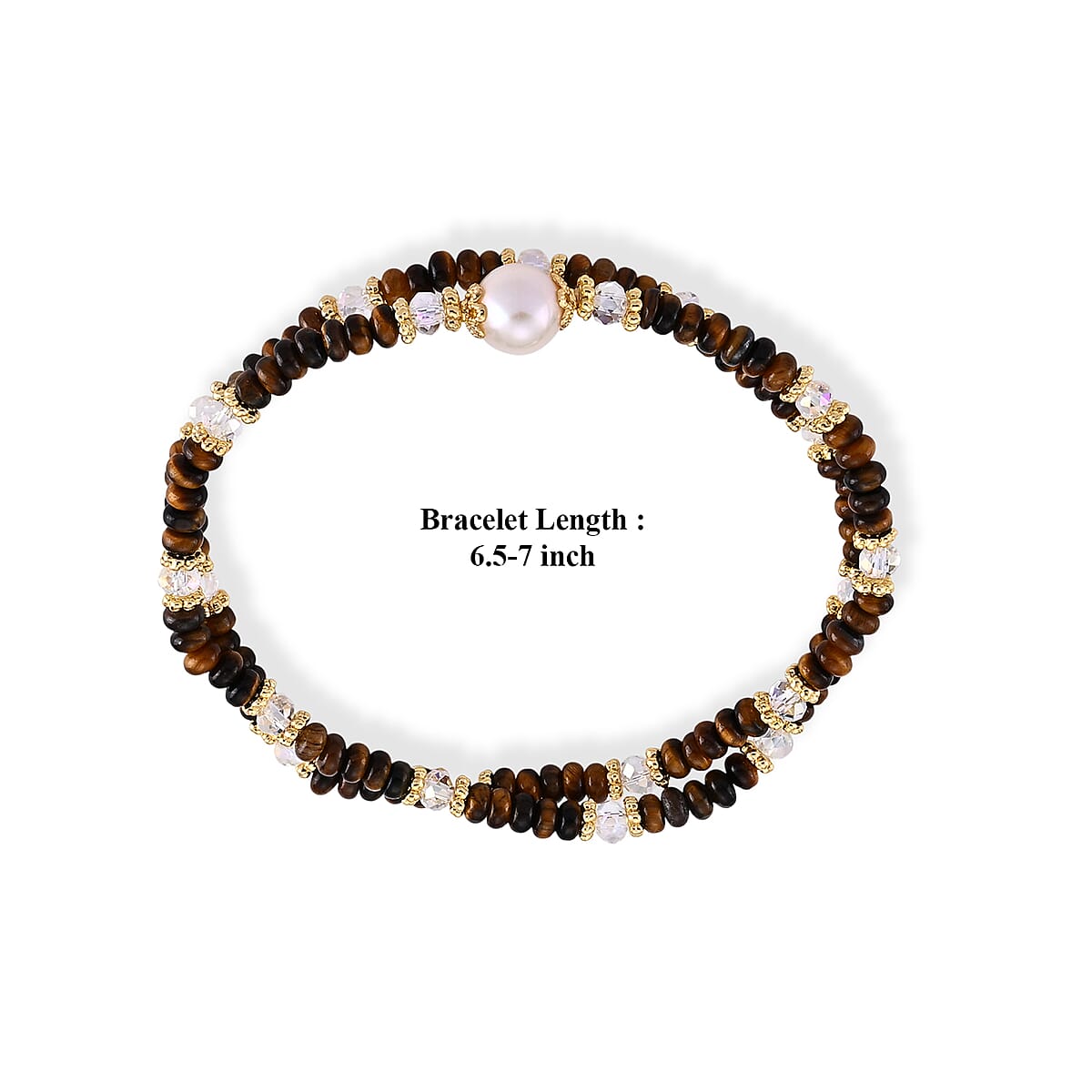 Freshwater Pearl, Yellow Tigers Eye 35.00 ctw and Glass Bracelet in Goldtone (6.5-7In) image number 4