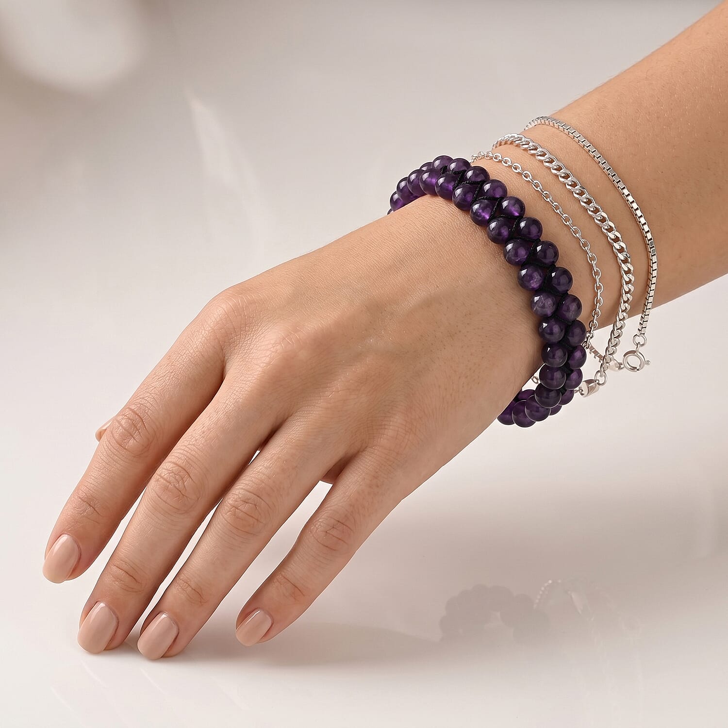 Amethyst 75.00 ctw Beaded Adjustable Bracelet in Silvertone (6-8In)