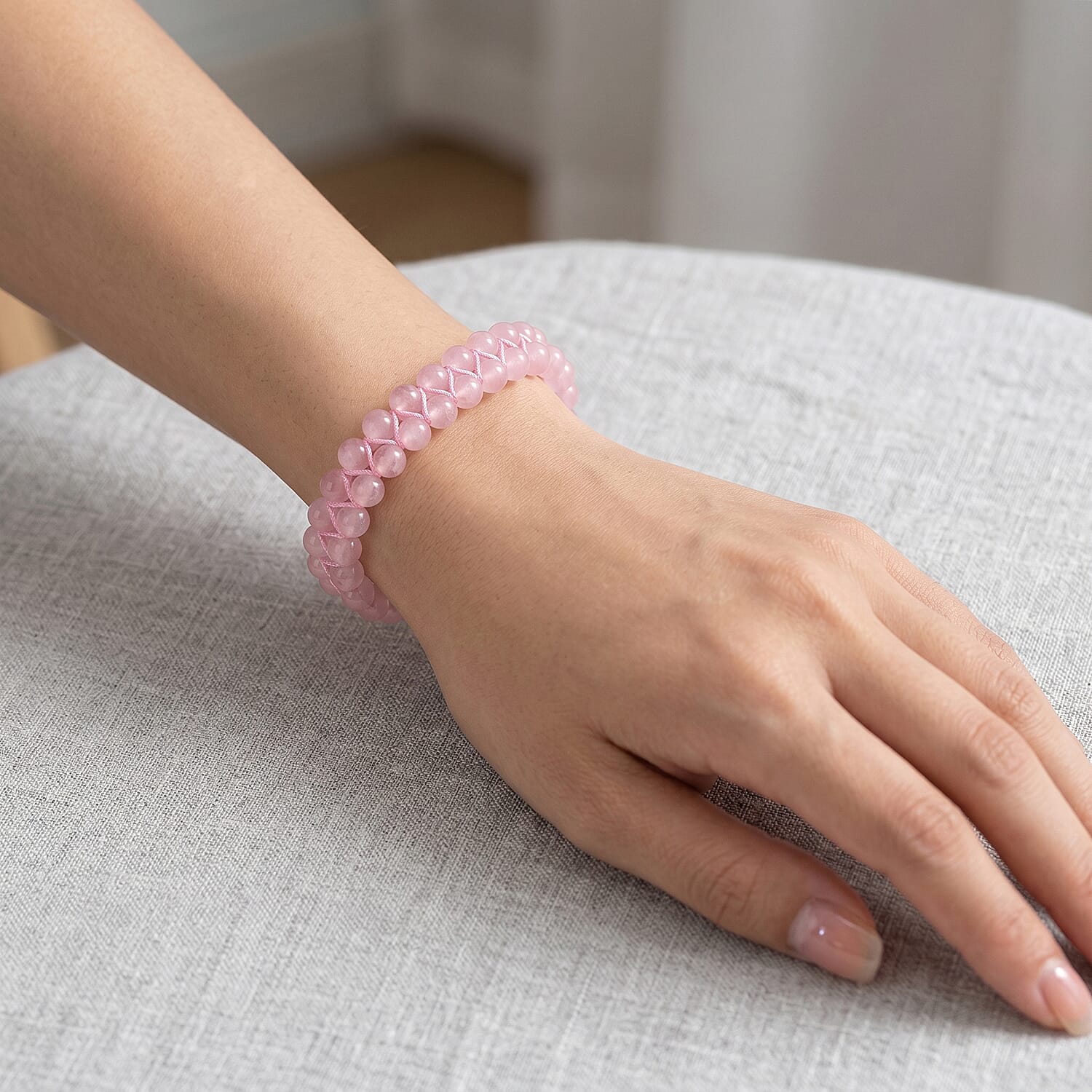 Rose Quartz 75.00 ctw Beaded Adjustable Bracelet in Silvertone (6-8In)