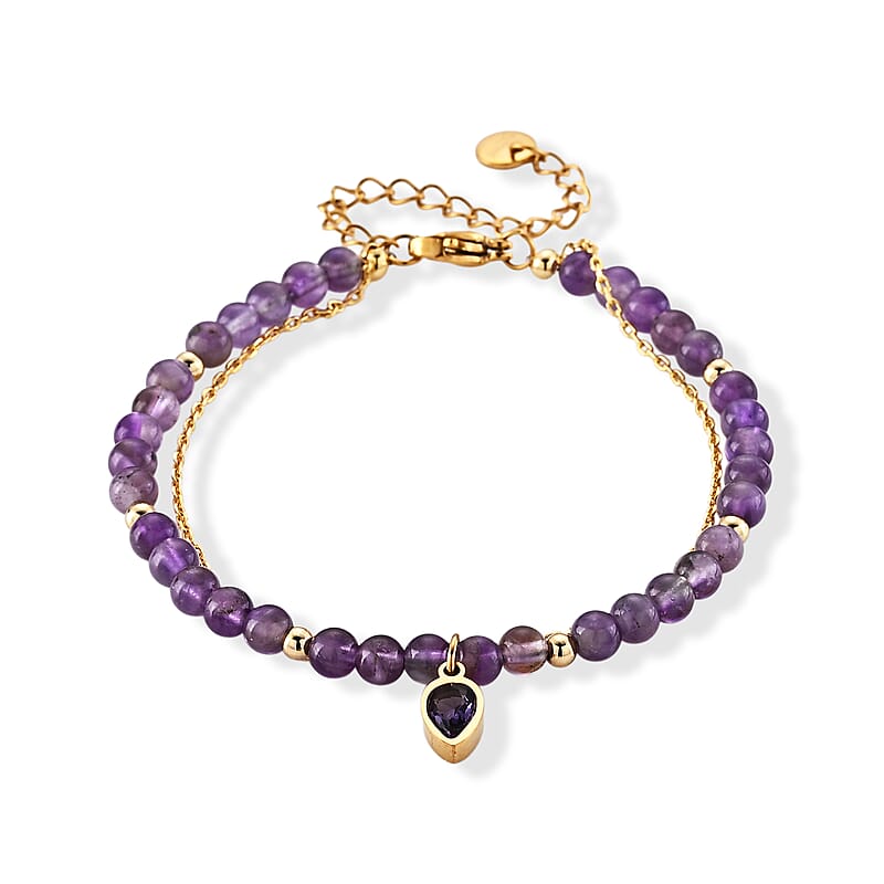 Amethyst and Purple Glass 18.00 ctw Beaded Stretch Bracelet in Silvertone (7.25-9.25 In)