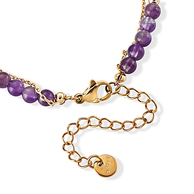 Amethyst and Purple Glass 18.00 ctw Beaded Stretch Bracelet in Silvertone (7.25-9.25 In)
