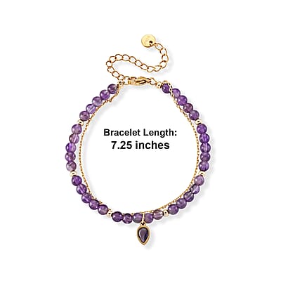 Amethyst and Purple Glass 18.00 ctw Beaded Stretch Bracelet in Silvertone (7.25-9.25 In)
