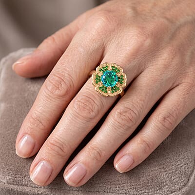 EverTrue Peacock Quartz (Triplet) and Chrome Diopside 2.80 ctw Dancing Peacock Bloom Ring in 18K YG Plated (Size 5.0)