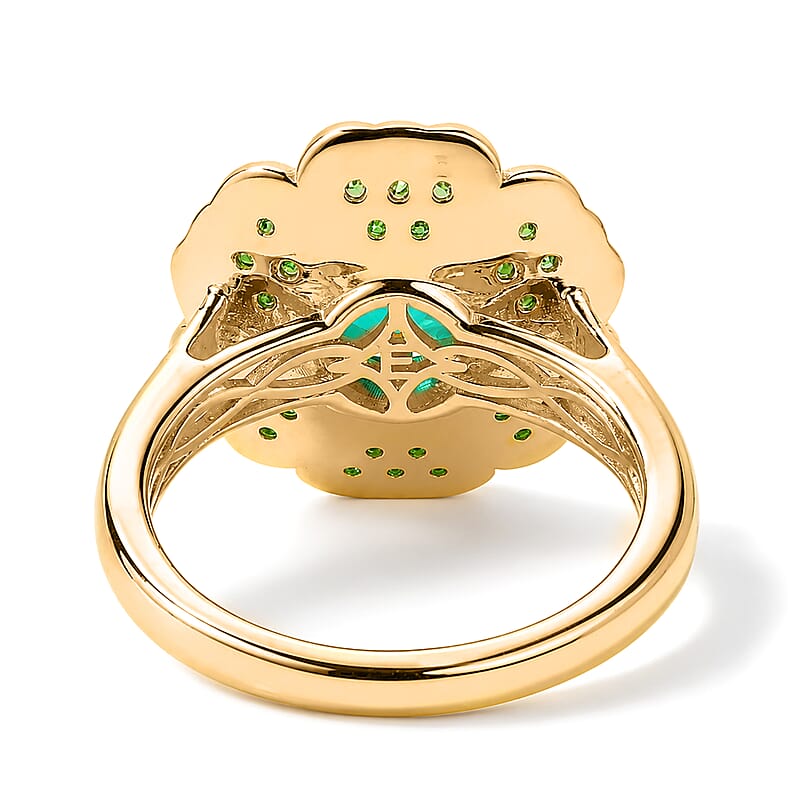 EverTrue Peacock Quartz (Triplet) and Chrome Diopside 2.80 ctw Dancing Peacock Bloom Ring in 18K YG Plated (Size 5.0)