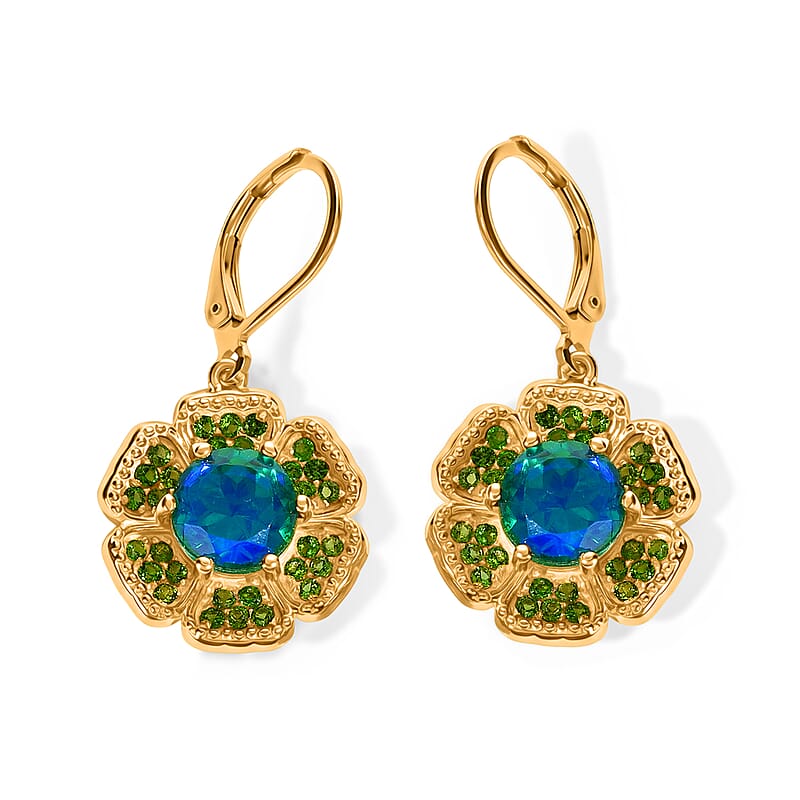 EverTrue Peacock Triplet Quartz and Chrome Diopside 5.70 ctw Earrings in 18K YG Plated