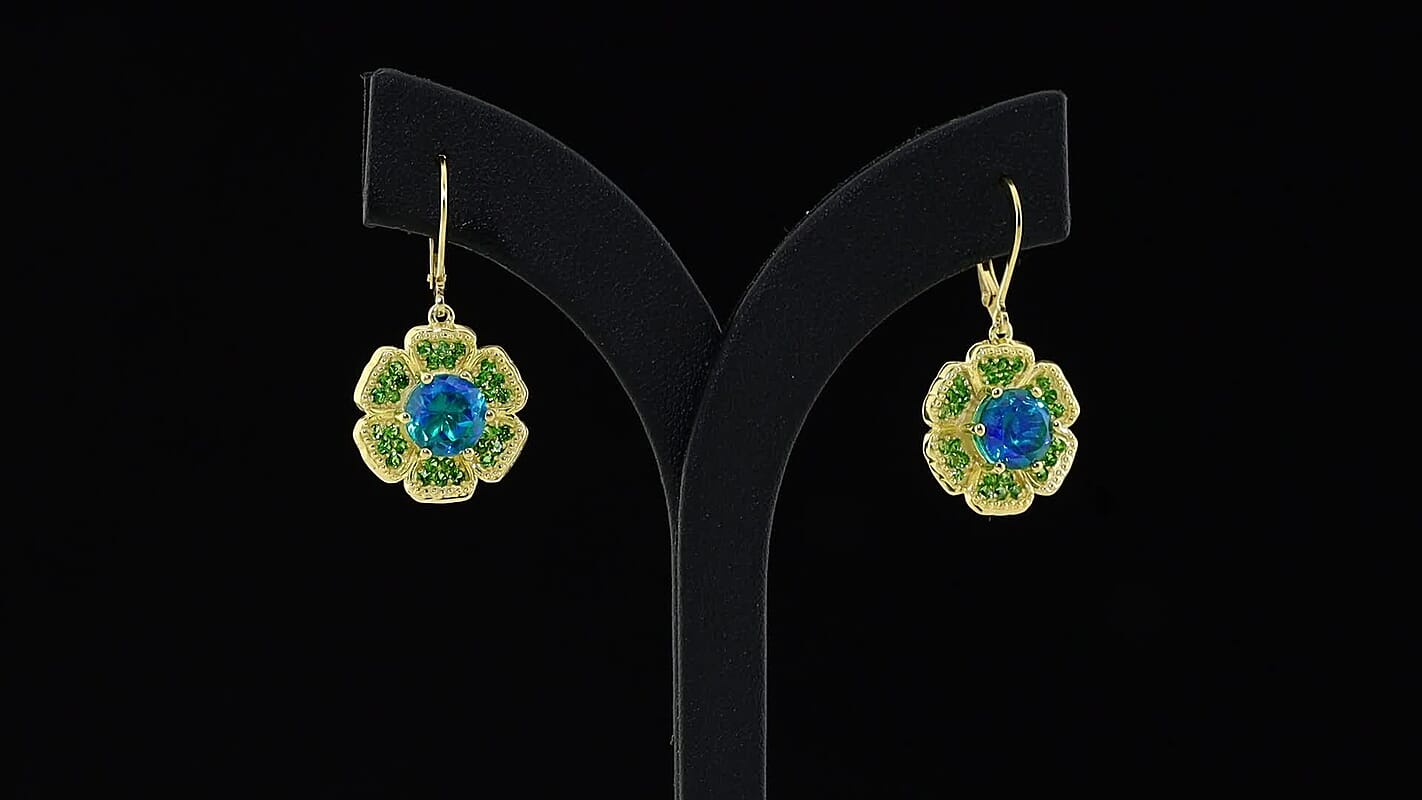 EverTrue Peacock Triplet Quartz, Chrome Diopside Earrings in 18K YG Plated 5.70 ctw