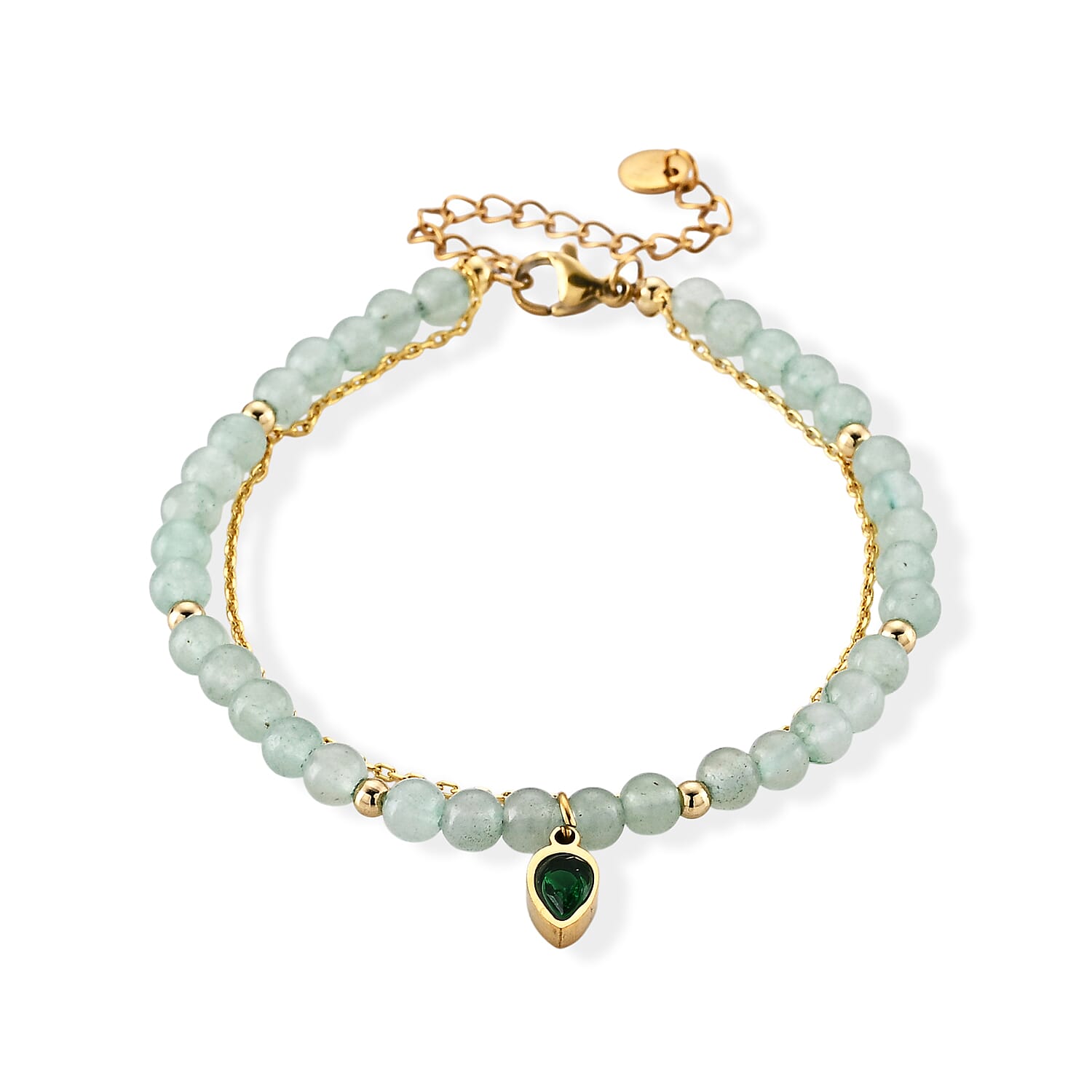 Green Aventurine and Green Glass 18.00 ctw Beaded Stretch Bracelet in Silvertone (7.25-9.25 In)