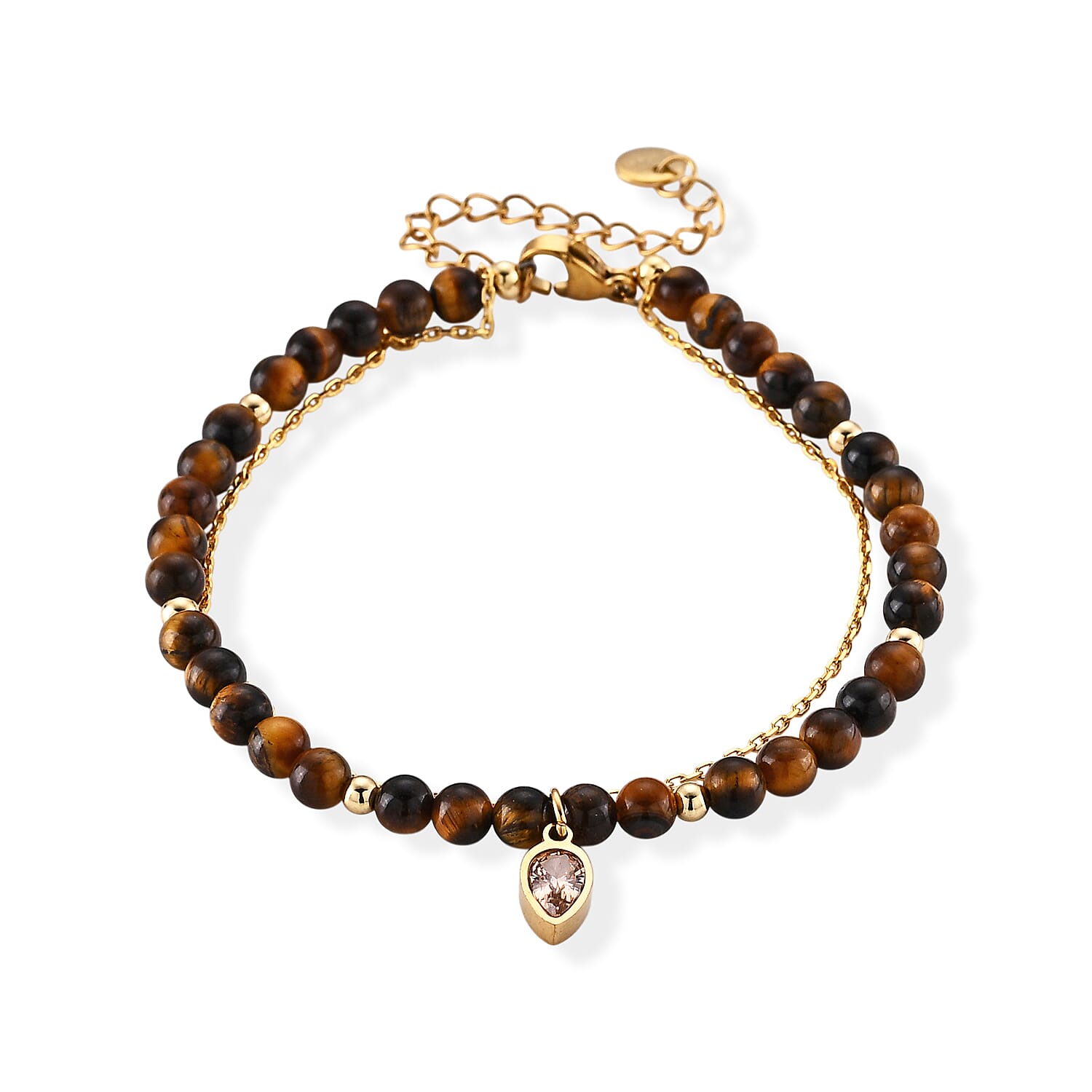 Yellow Tiger Eye and Champagne Glass 18.00 ctw Beaded Stretch Bracelet in Silvertone (7.25-9.25 In)