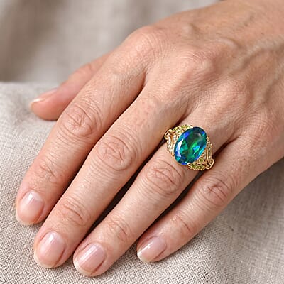 EverTrue Peacock Quartz (Triplet) and Multi Gemstone 6.80 ctw Mystic Peacock Bloom Ring in 18K YG Plated (Size 6.0)