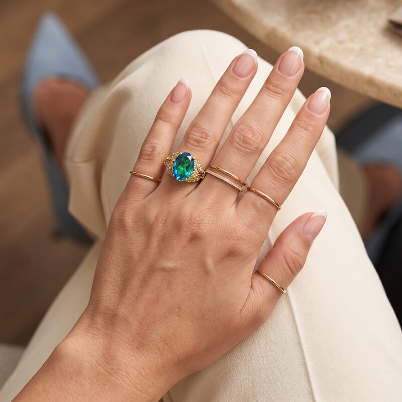 EverTrue Peacock Quartz (Triplet) and Multi Gemstone 6.80 ctw Mystic Peacock Bloom Ring in 18K YG Plated (Size 6.0)