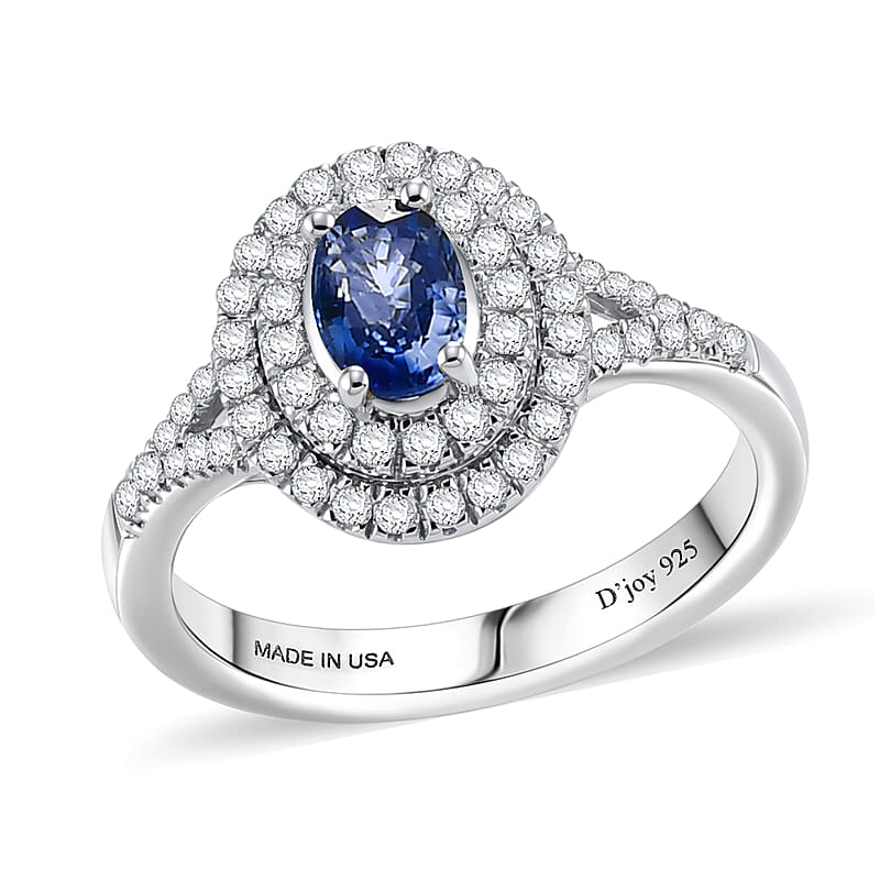 D'Joy AAA Natural Blue Sapphire and Moissanite 1.15 ctw Celestial Aura Double Halo Ring in Rhodium Over Sterling Silver (Size 6.0)