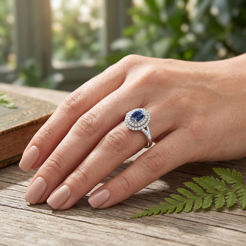 D'Joy AAA Blue Sapphire and Moissanite 1.15 ctw Celestial Aura Double Halo Ring in Rhodium Over Sterling Silver (Size 6.0)
