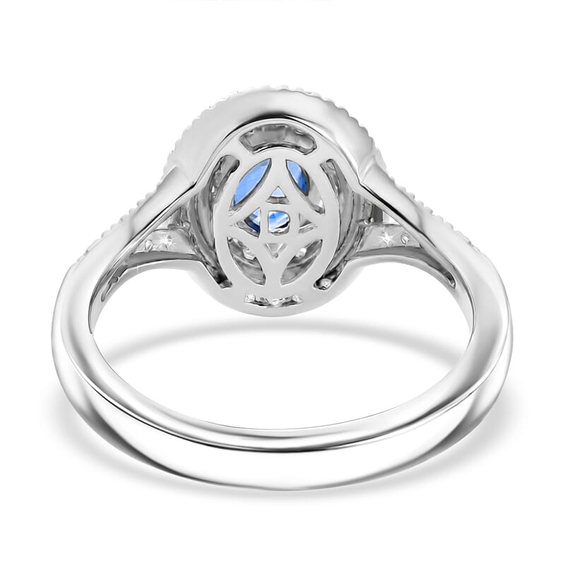 D'Joy AAA Blue Sapphire and Moissanite 1.15 ctw Celestial Aura Double Halo Ring in Rhodium Over Sterling Silver (Size 6.0)