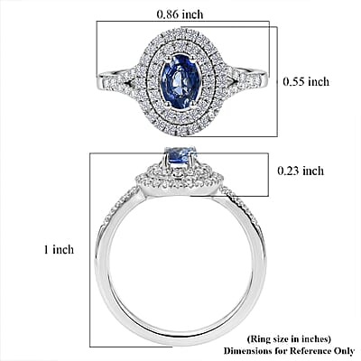 D'Joy AAA Natural Blue Sapphire and Moissanite 1.15 ctw Celestial Aura Double Halo Ring in Rhodium Over Sterling Silver (Size 6.0)
