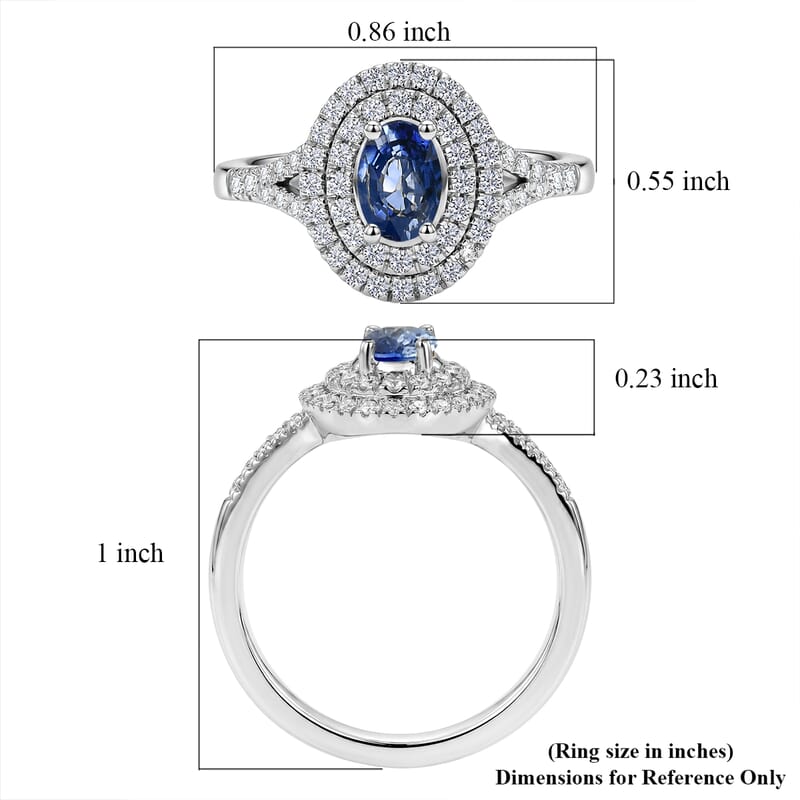 D'Joy AAA Blue Sapphire and Moissanite 1.15 ctw Celestial Aura Double Halo Ring in Rhodium Over Sterling Silver (Size 6.0)