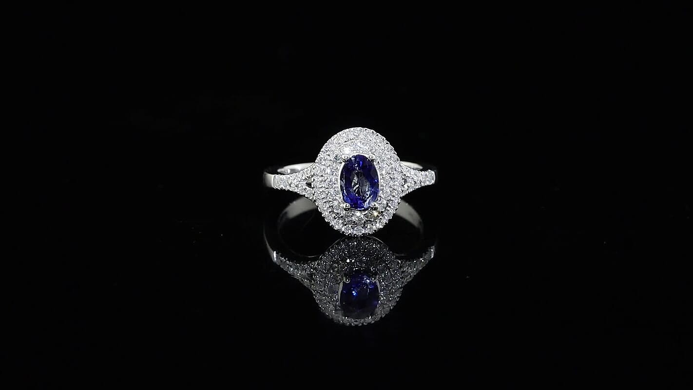 D'Joy AAA Natural Blue Sapphire, Moissanite Celestial Aura Double Halo Ring in Rhodium Over Sterling Silver (Size 10.0) 1.15 ctw