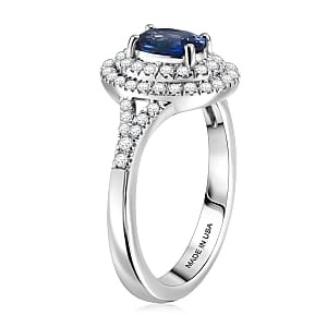 D'Joy AAA Natural Blue Sapphire and Moissanite 1.15 ctw Celestial Aura Double Halo Ring in Rhodium Over Sterling Silver (Size 7.0)