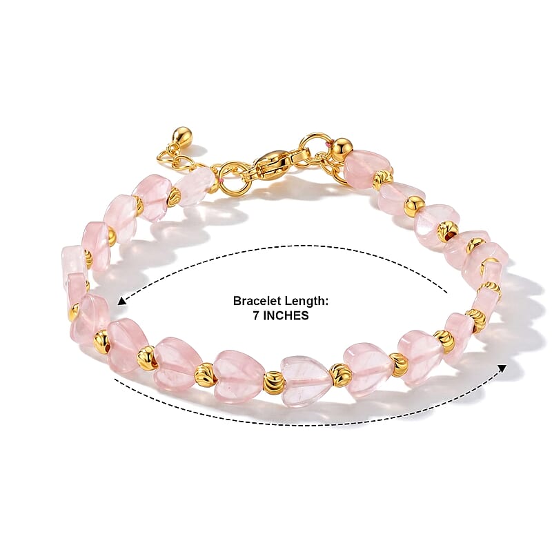 Rose Quartz 18.00 ctw Beaded Heart Bracelet in Silvertone (7-9In)