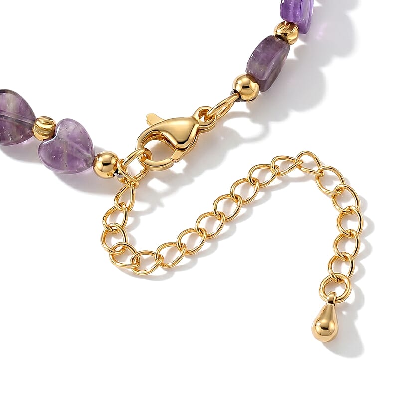 African Amethyst 18.00 ctw Beaded Heart Bracelet in Silvertone (7-9In)