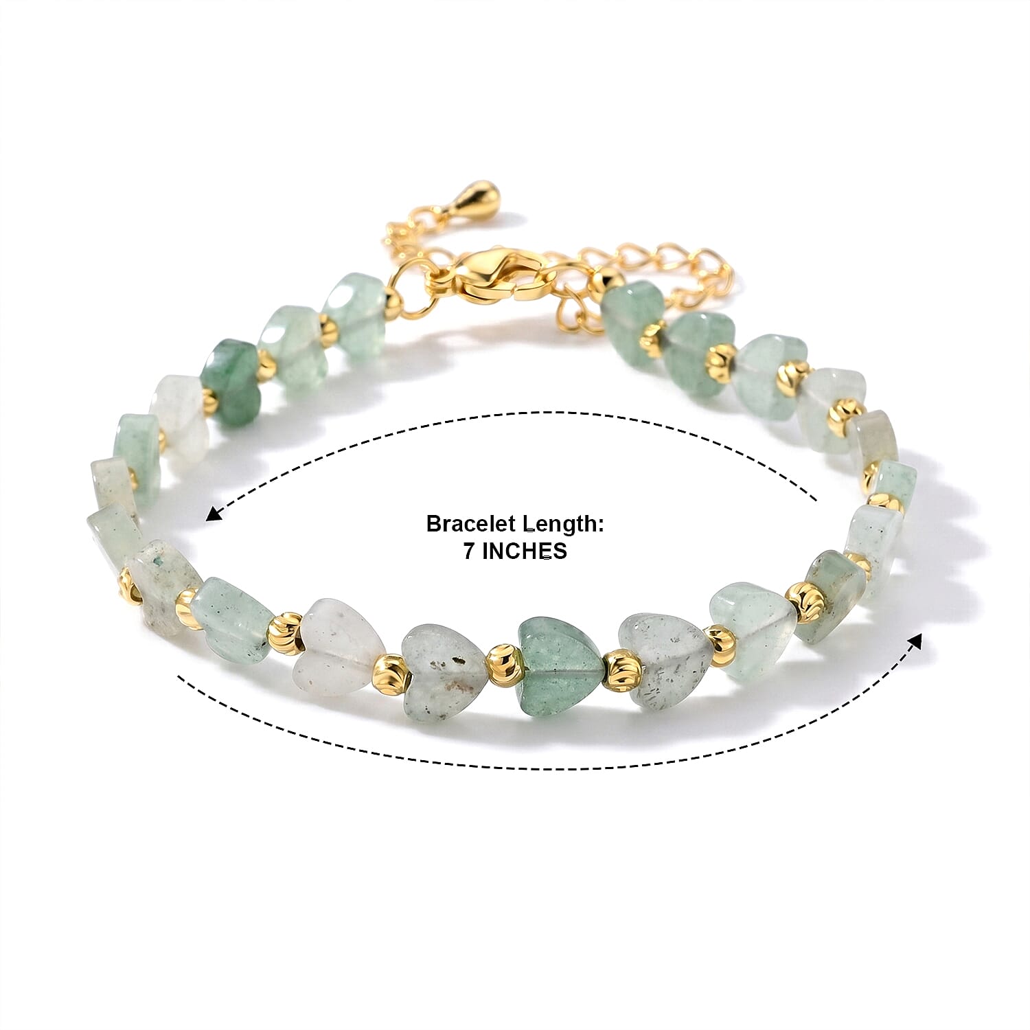 Green Aventurine 18.00 ctw Beaded Heart Bracelet in Silvertone (7-9In)