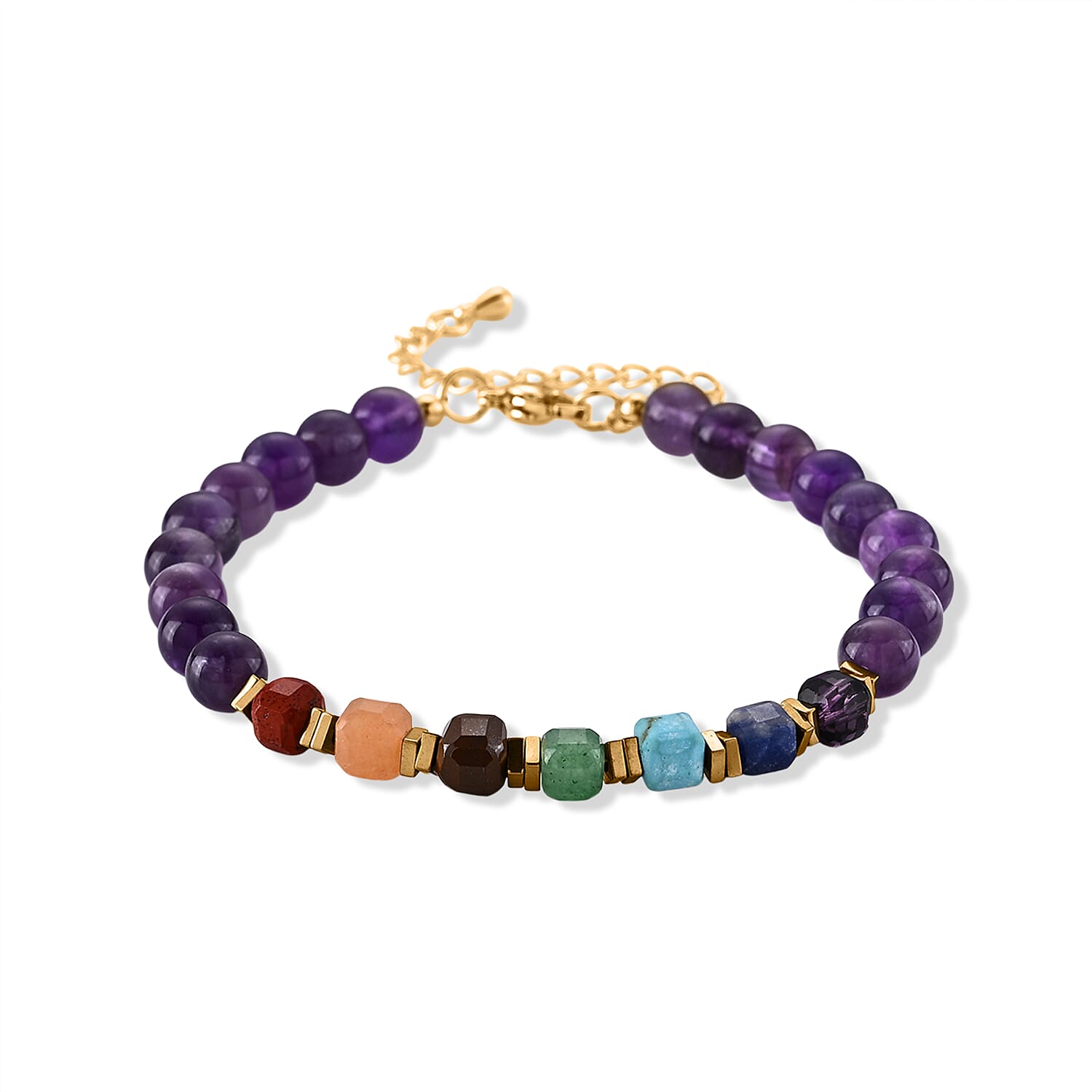African Amethyst and Multi Gemstone 40.00 ctw Beaded Bracelet in Goldtone (7.50-9.50In)