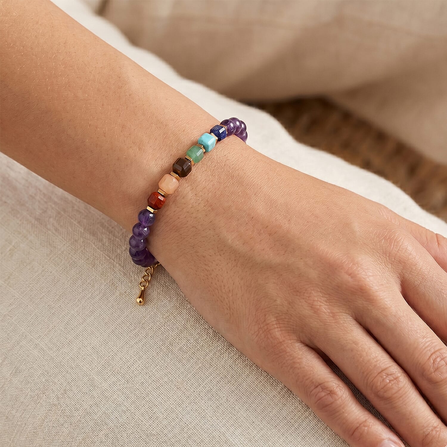 African Amethyst and Multi Gemstone 40.00 ctw Beaded Bracelet in Goldtone (7.50-9.50In)