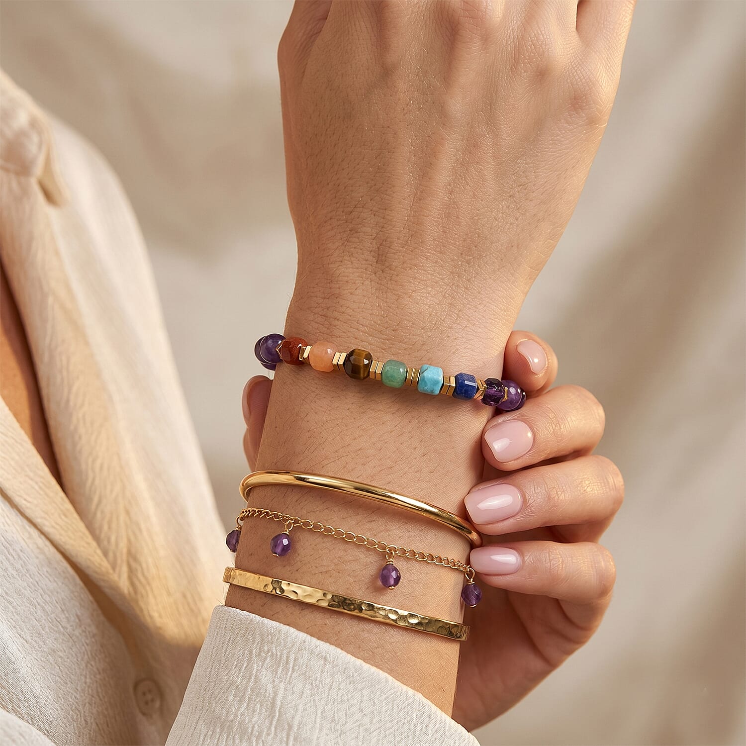 African Amethyst and Multi Gemstone 40.00 ctw Beaded Bracelet in Goldtone (7.50-9.50In)