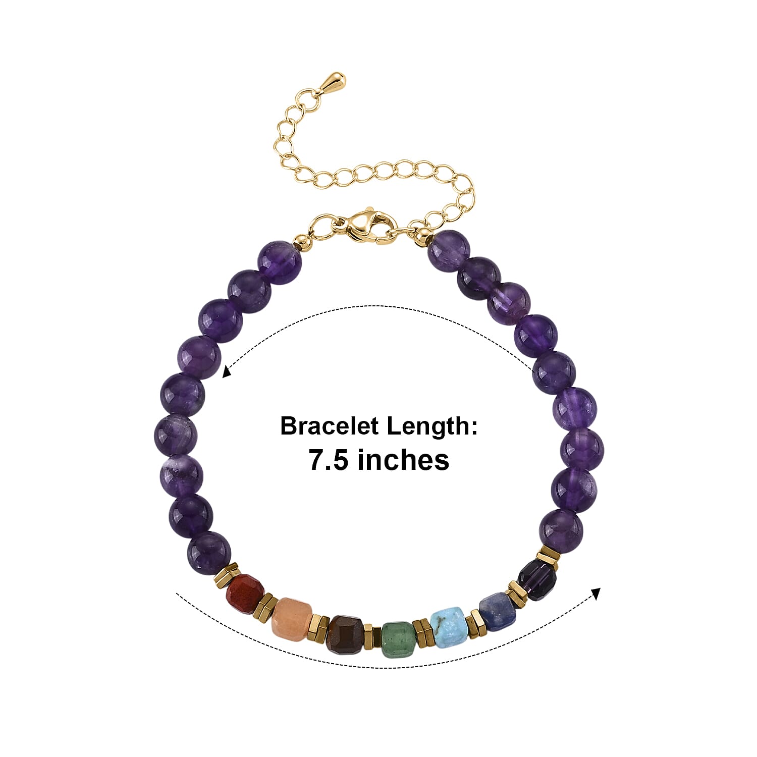African Amethyst and Multi Gemstone 40.00 ctw Beaded Bracelet in Goldtone (7.50-9.50In)