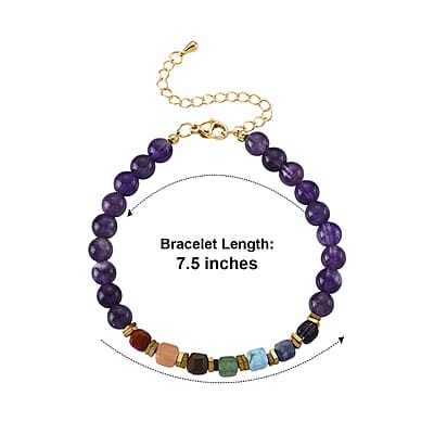 African Amethyst and Multi Gemstone 40.00 ctw Beaded Bracelet in Goldtone (7.50-9.50In)
