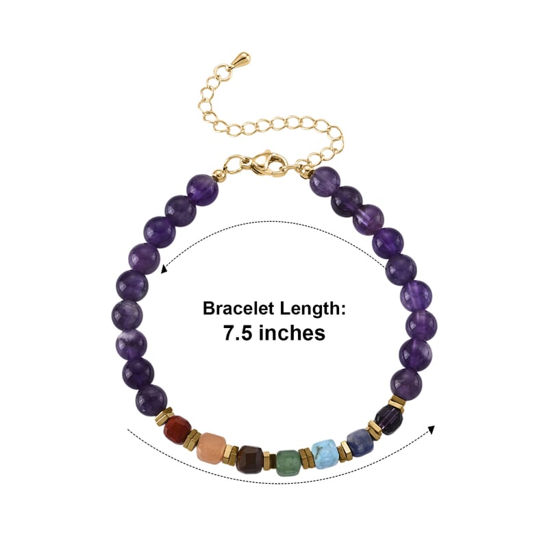 African Amethyst and Multi Gemstone 40.00 ctw Beaded Bracelet in Goldtone (7.50-9.50In)