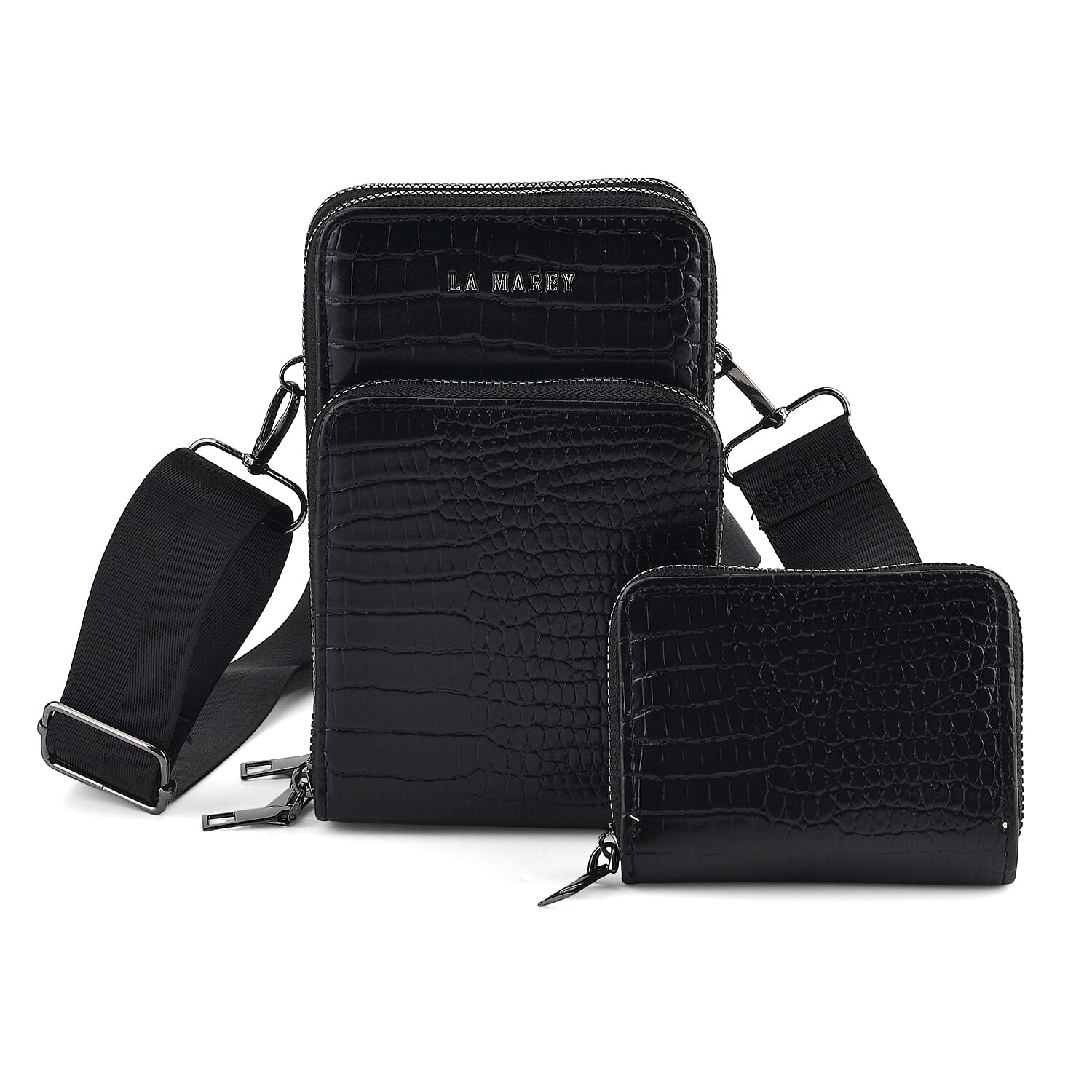 La Marey Black Faux Leather Women's Mobile Crossbody Bag and Card Holder Wallet RFID with Shoulder Strap