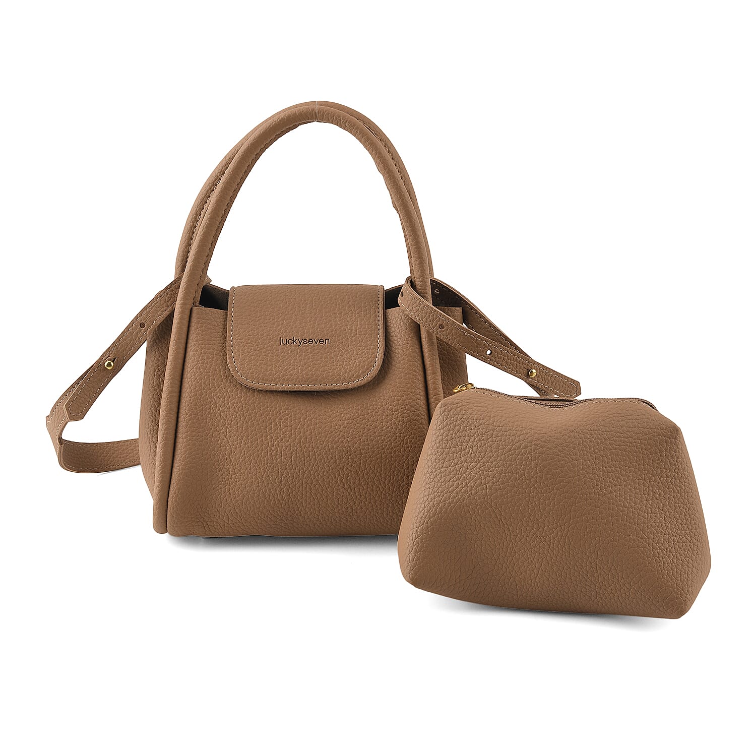 Apricot Genuine Leather Shoulder Bucket Bag with Matching Pouch, Adjustable Strap