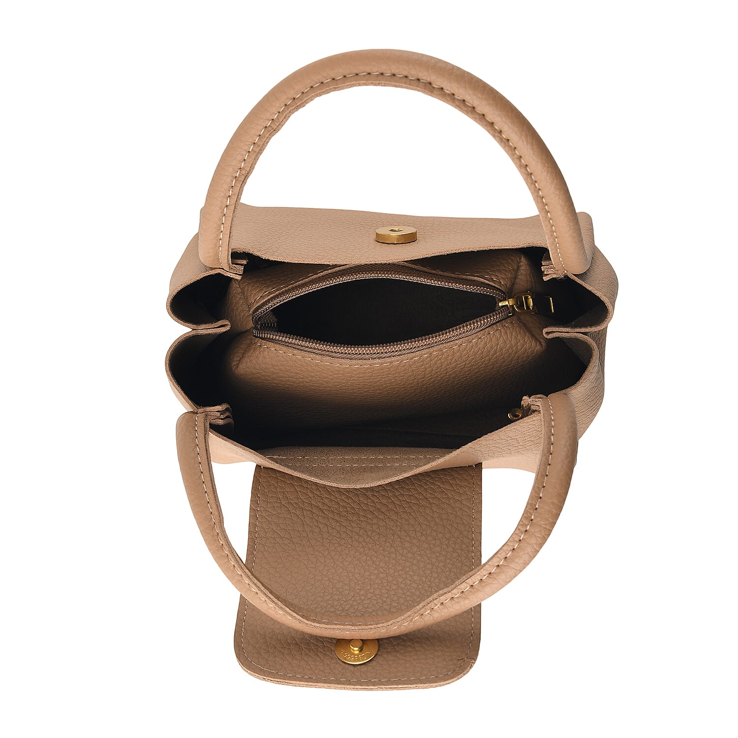 Apricot Genuine Leather Shoulder Bucket Bag with Matching Pouch, Adjustable Strap