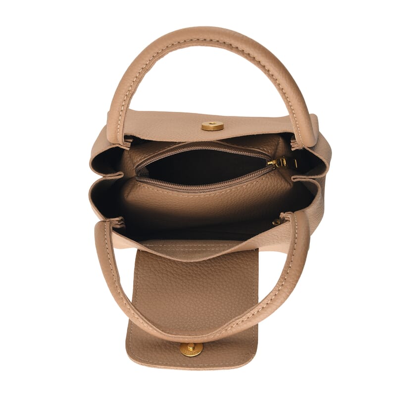 Apricot Genuine Leather Shoulder Bucket Bag with Matching Pouch, Adjustable Strap