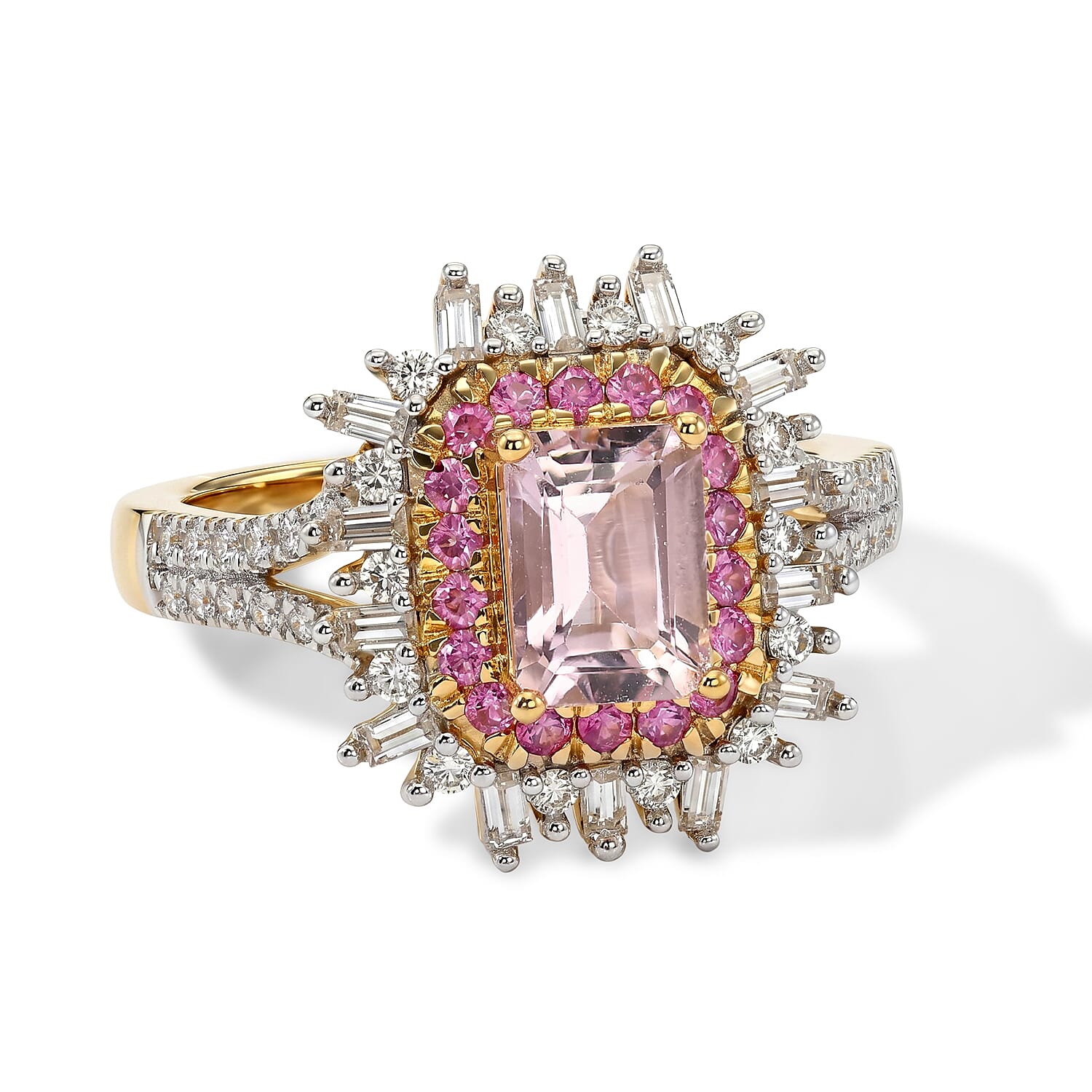D'Joy Premium Pink Morganite and Multi Gemstone 1.85 ctw Rose Crown Ring in 18K Vermeil YG Over Sterling Silver (Size 6.0)